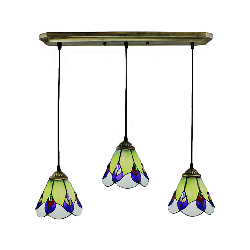 Handcrafted Tiffany-Style Green Glass Pendant Lamp for Bedroom - 3 Head Cone Cluster Suspension