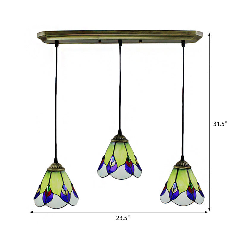 Handcrafted Tiffany-Style Green Glass Pendant Lamp for Bedroom - 3 Head Cone Cluster Suspension