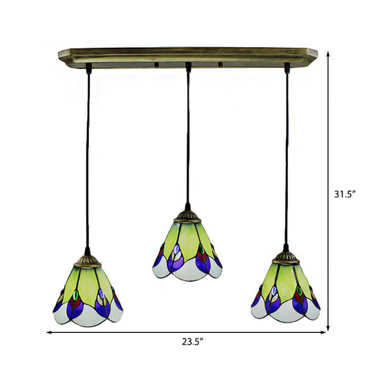 Handcrafted Tiffany-Style Green Glass Pendant Lamp for Bedroom - 3 Head Cone Cluster Suspension