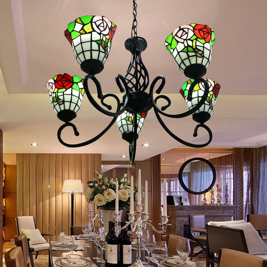 Stained Glass Lodge Chandelier - Rose Hanging Light Fixture with 5-Light Suspension - Black Finish