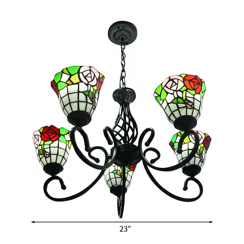 Stained Glass Lodge Chandelier - Rose Hanging Light Fixture with 5-Light Suspension - Black Finish