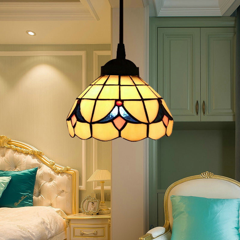 Beige Tiffany Cut Glass Flower Hanging Light Fixture with 1 Light - Perfect Pendant for Bedroom