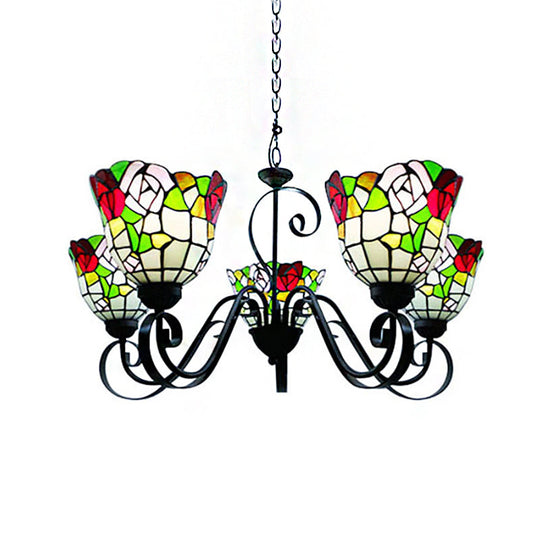 Country Stained Glass 5-Light Flower Chandelier In Black Finish - Perfect For Restaurants