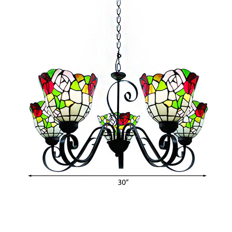 Country Stained Glass 5-Light Black Flower Chandelier for Restaurants