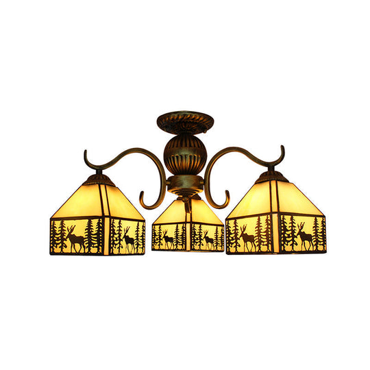 Small Tiffany Style Stained Glass Chandelier In Beige