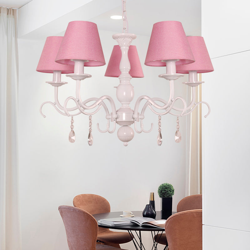 Modern Tapered Shade Baby Bedroom Chandelier With Crystal Accent - Metal Hanging Light 5 / Pink