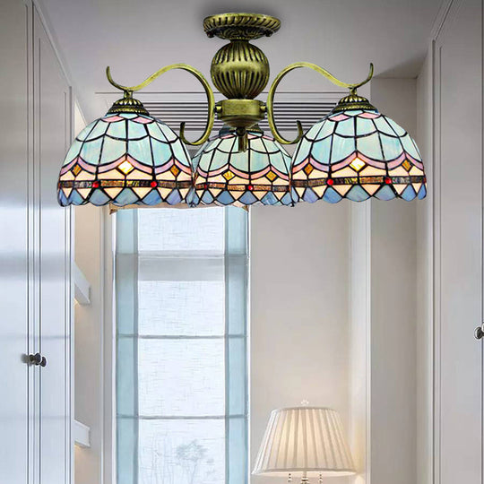 Retro Stained Glass Chandelier in Blue with 3 Lights