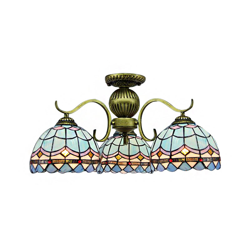 Retro Stained Glass Chandelier in Blue with 3 Lights