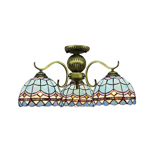 Retro 3-Light Stained Glass Chandelier In Blue - Suspended Bowl Lamp Fixture