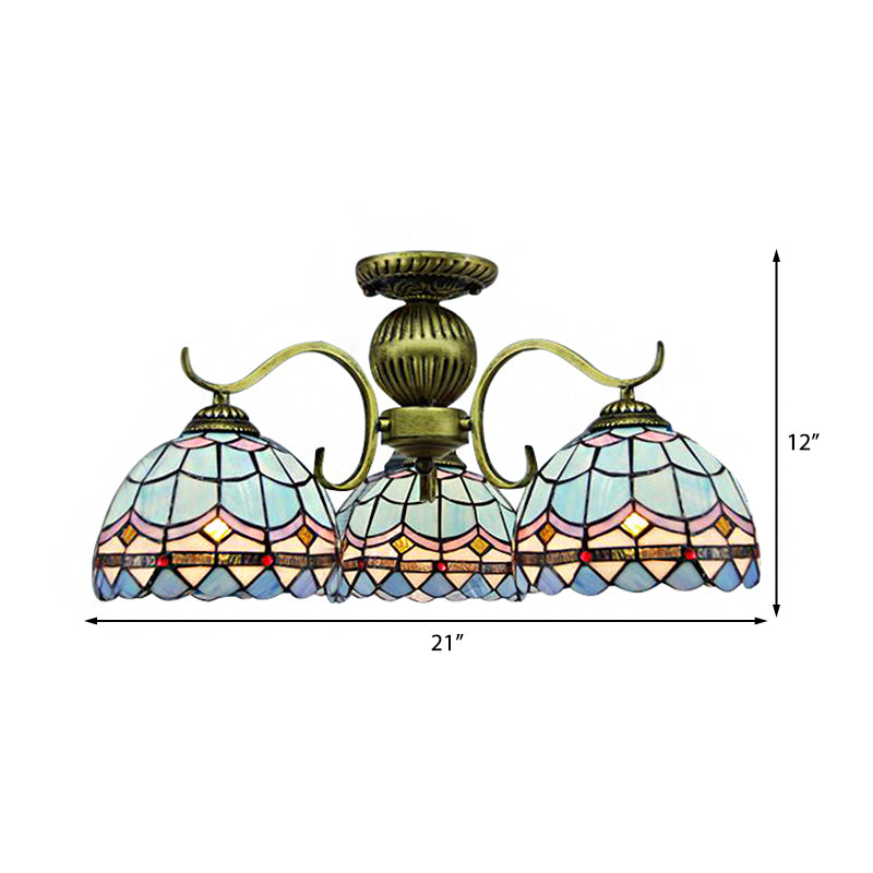 Retro 3-Light Stained Glass Chandelier In Blue - Suspended Bowl Lamp Fixture