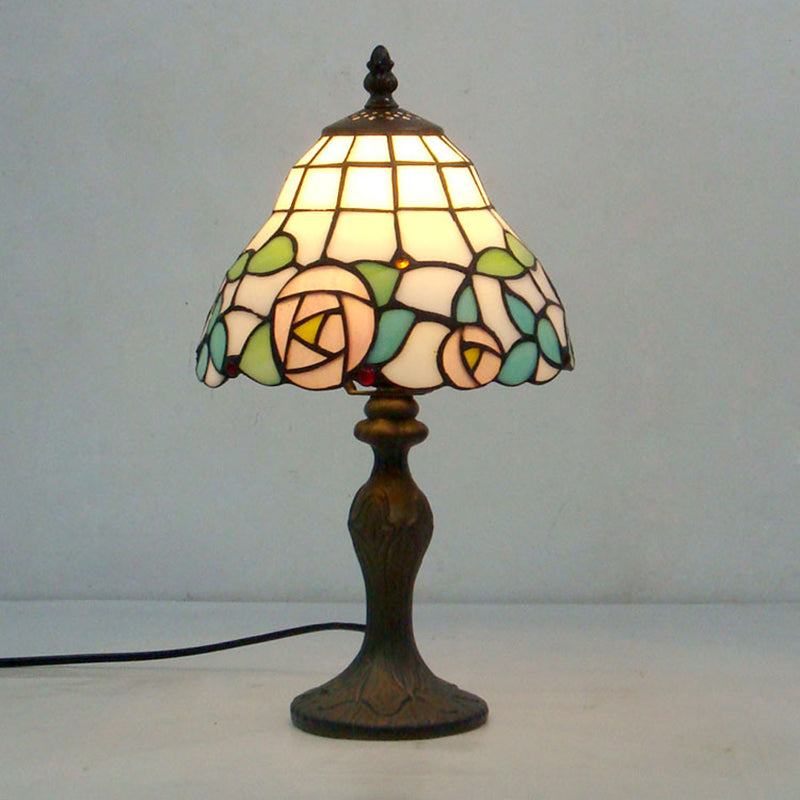 Rustic Stained Glass Rose Table Lamp - White & Pink Bedside Accent Pink-White / 8