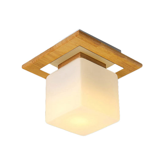 Modern Wood Square Semi Flush Mount Light with Milk Glass Shade