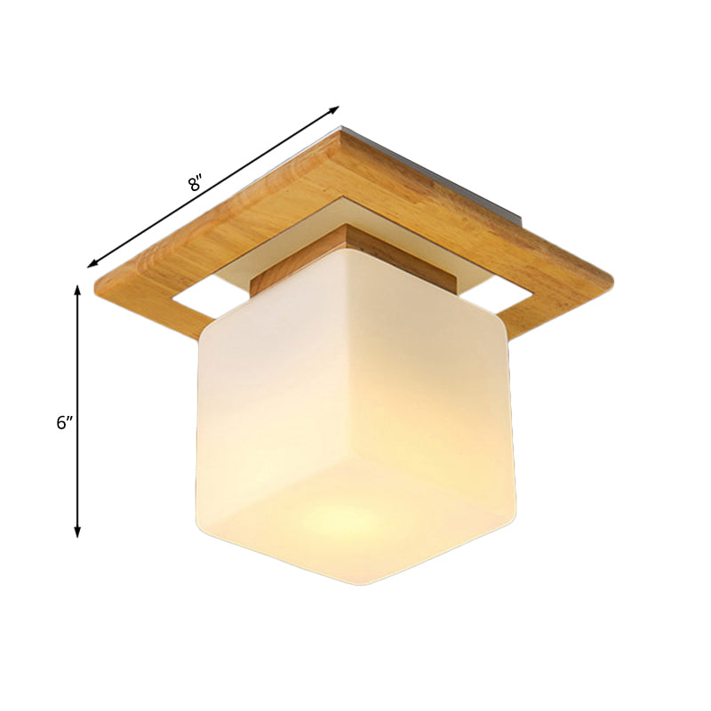 Modern Wood Square Semi Flush Mount Light with Milk Glass Shade