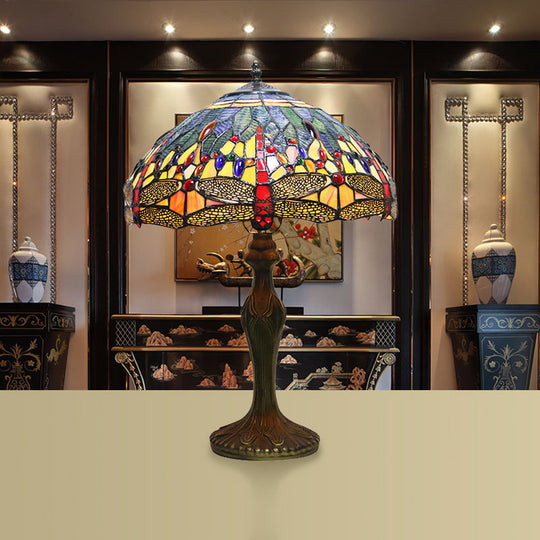 Dragonfly Table Lamp - Retro Stained Glass 1-Light Accent With Antique Bronze Finish For Study Room