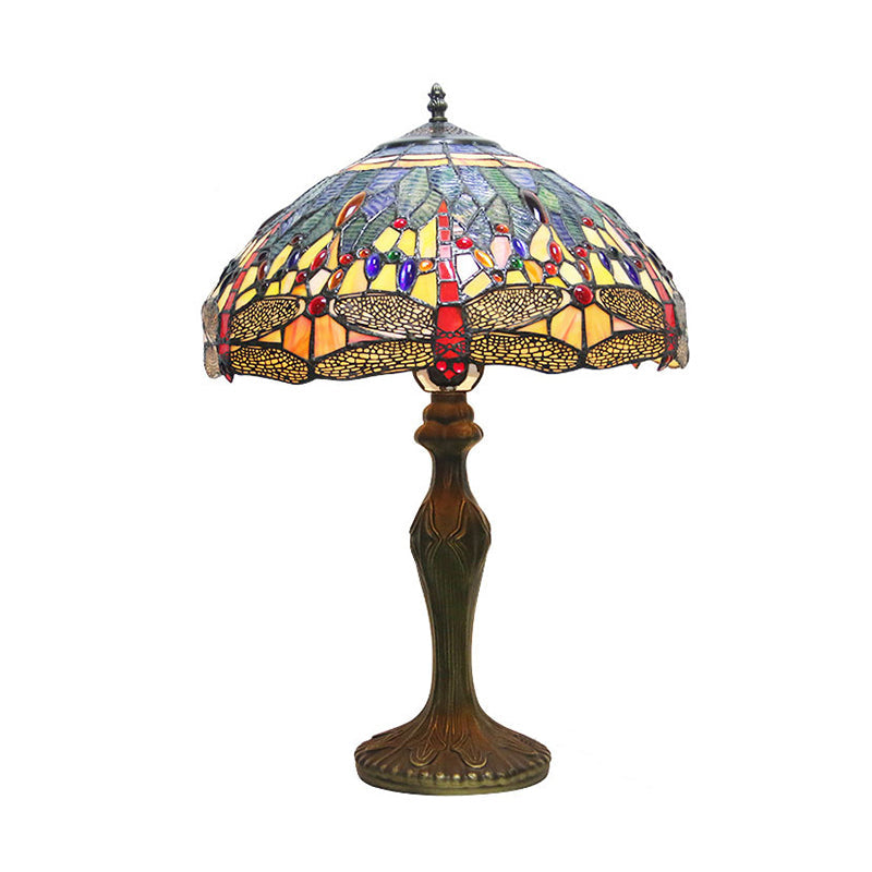 Dragonfly Table Lamp - Retro Stained Glass 1-Light Accent With Antique Bronze Finish For Study Room