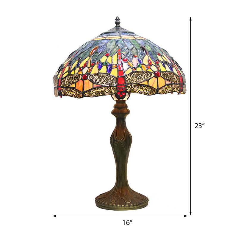 Dragonfly Table Lamp - Retro Stained Glass 1-Light Accent With Antique Bronze Finish For Study Room