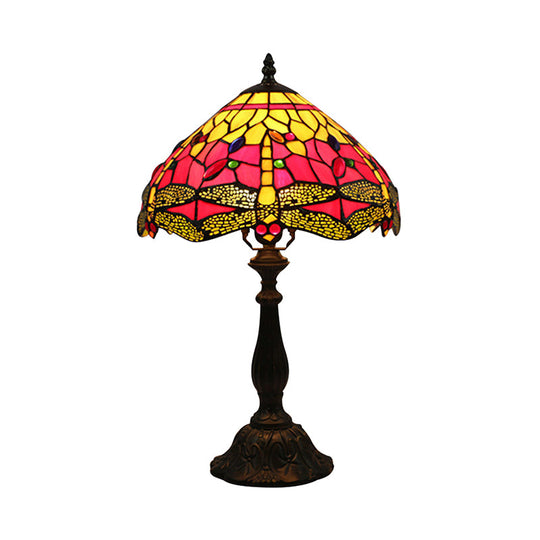 Dragonfly Table Lamp - Retro Stained Glass 1-Light Accent With Antique Bronze Finish For Study Room