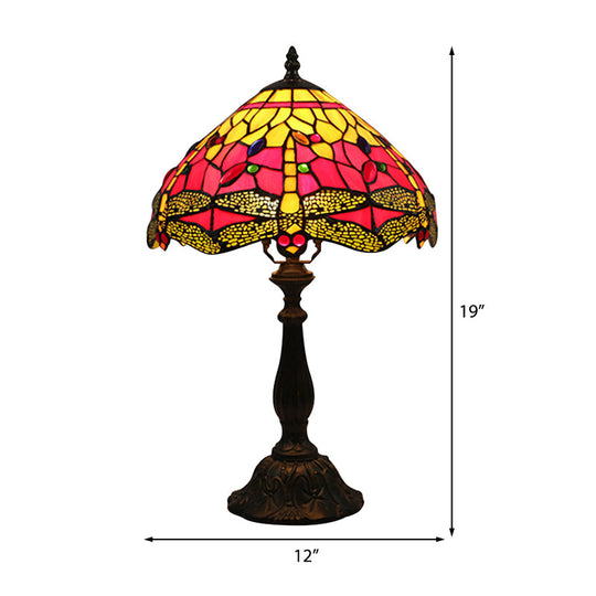 Dragonfly Table Lamp - Retro Stained Glass 1-Light Accent With Antique Bronze Finish For Study Room