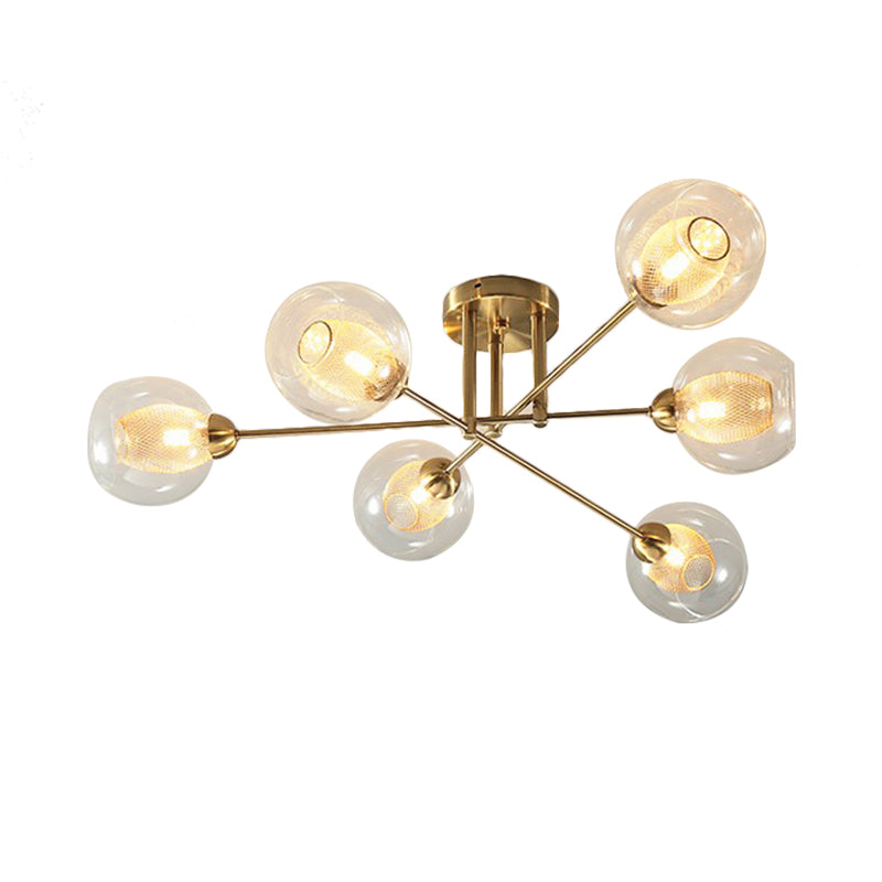 Modernist Gold LED Semi Flush Mount Ceiling Lamp with Clear Ribbed Glass Shade - 4/6 Lights