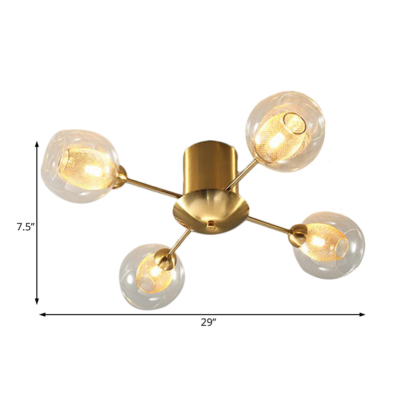 Modernist Gold LED Semi Flush Mount Ceiling Lamp with Clear Ribbed Glass Shade - 4/6 Lights