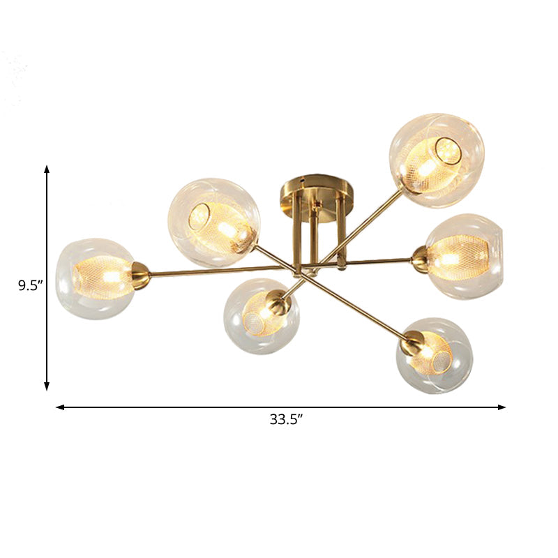 Modernist Gold LED Semi Flush Mount Ceiling Lamp with Clear Ribbed Glass Shade - 4/6 Lights