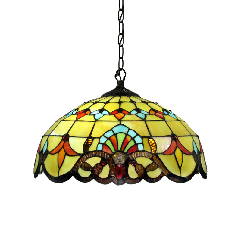 Yellow Stained Glass Lodge Pendant Lamp For Dining Room - 1 Light