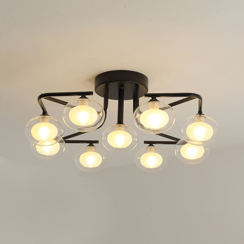 Modern Clear Glass Global Semi Flush Mount with Multiple Rod Design - 7/9 Lights LED Black Lamp Fixture