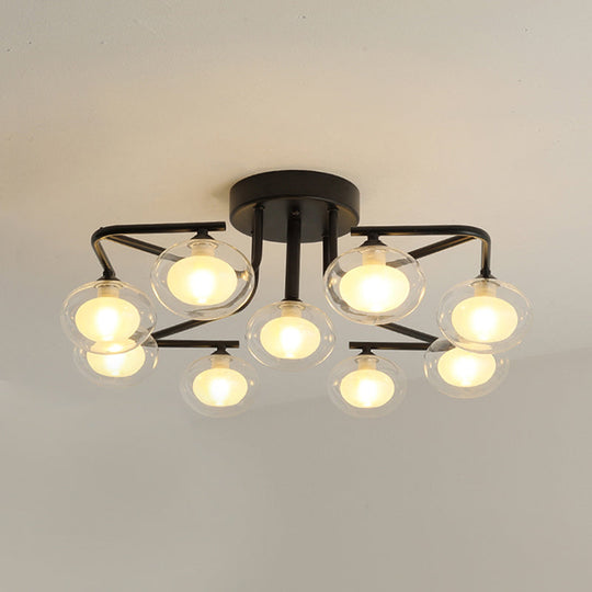 Modern Clear Glass Global Semi Flush Mount With Multiple Rod Design - 7/9 Lights Led Black Lamp