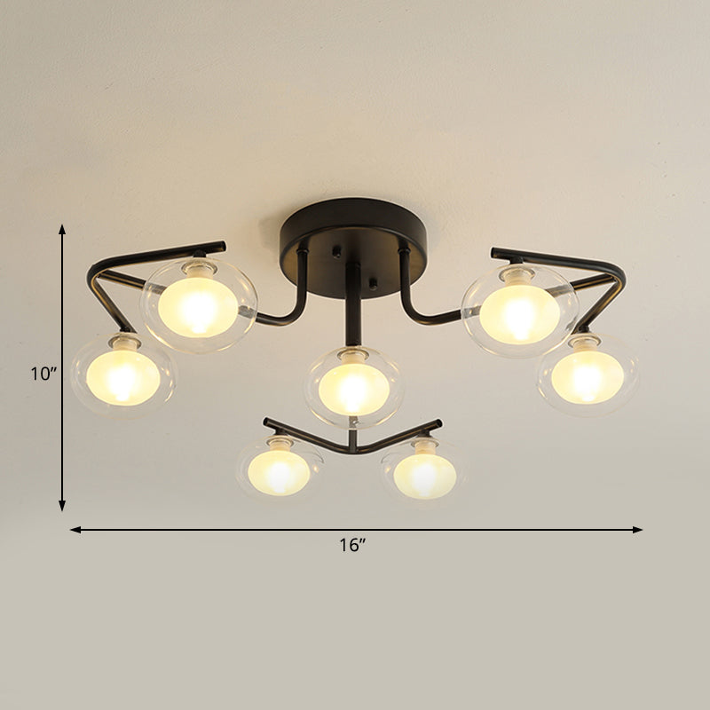 Modern Clear Glass Global Semi Flush Mount With Multiple Rod Design - 7/9 Lights Led Black Lamp