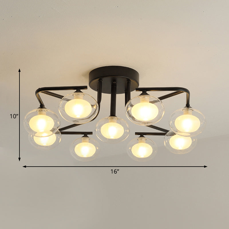 Modern Clear Glass Global Semi Flush Mount with Multiple Rod Design - 7/9 Lights LED Black Lamp Fixture