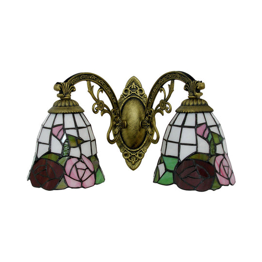 Tiffany Style Rose Pattern Wall Sconce - Stained Glass 2-Light Fixture In Bronze Finish