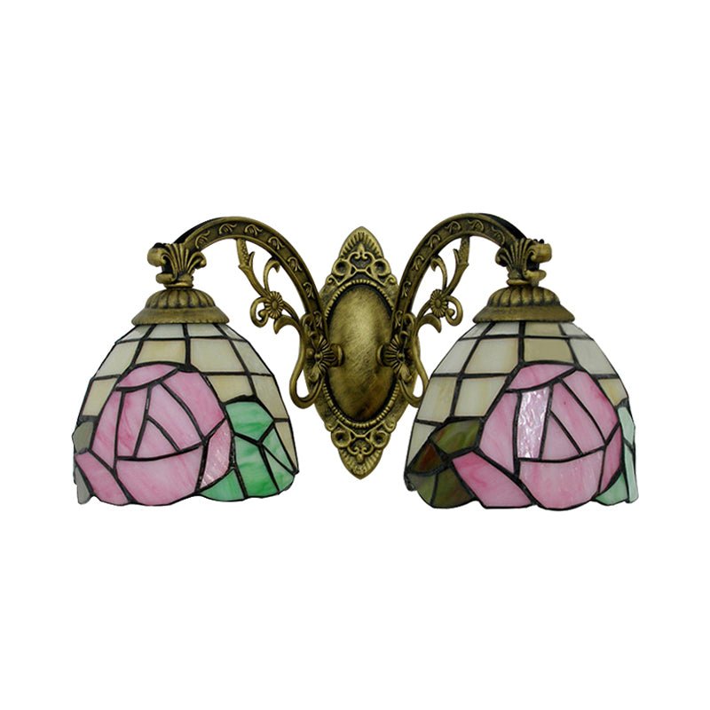 Tiffany Style Rose Pattern Wall Sconce - Stained Glass 2-Light Fixture In Bronze Finish