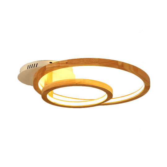 Modern 2-Tier Ring Wood LED Brown Semi Flush Mount for Warm Bedroom Light - 18.5"/23" Wide