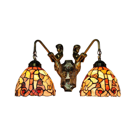 Baroque 2-Head Orange Shell Bowl Wall Light With Mermaid Backplate For Bedroom