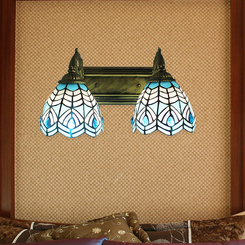 Tiffany Style Stained Glass Wall Lighting - Elegant Blue Dome Fixture With 2 Heads