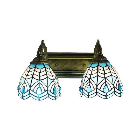 Tiffany Style Stained Glass Wall Lighting - Elegant Blue Dome Fixture With 2 Heads