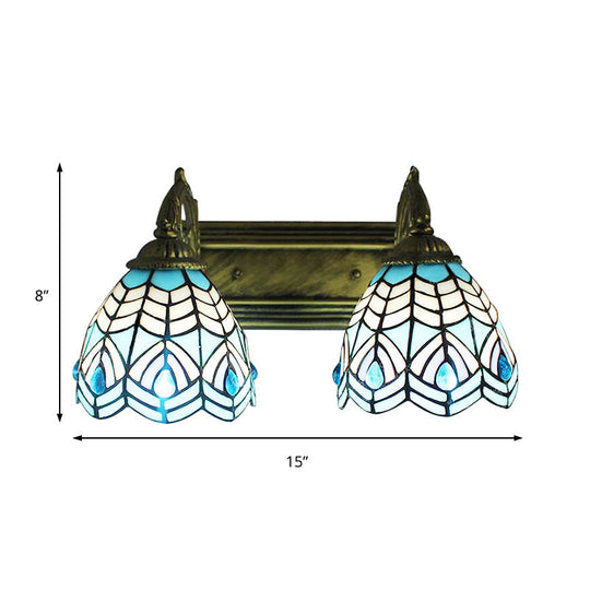 Tiffany Style Stained Glass Wall Lighting - Elegant Blue Dome Fixture With 2 Heads