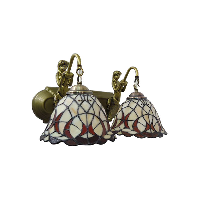 Tiffany Beige Glass Wall Mount Light With Mermaid Backplate - 2-Head Dome Sconce Lighting