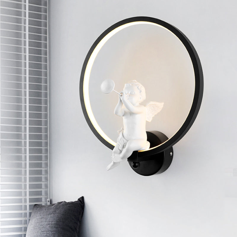 Angel Metal Art Deco Ring Wall Light - Black Sconce For Adult Bedroom / Warm