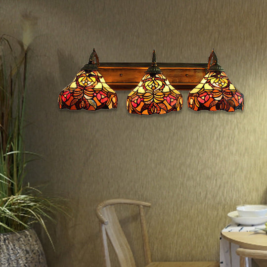 3-Light Stained Glass Flower Wall Sconces - Brass Tiffany Rustic Lamp Ideal For Hotels