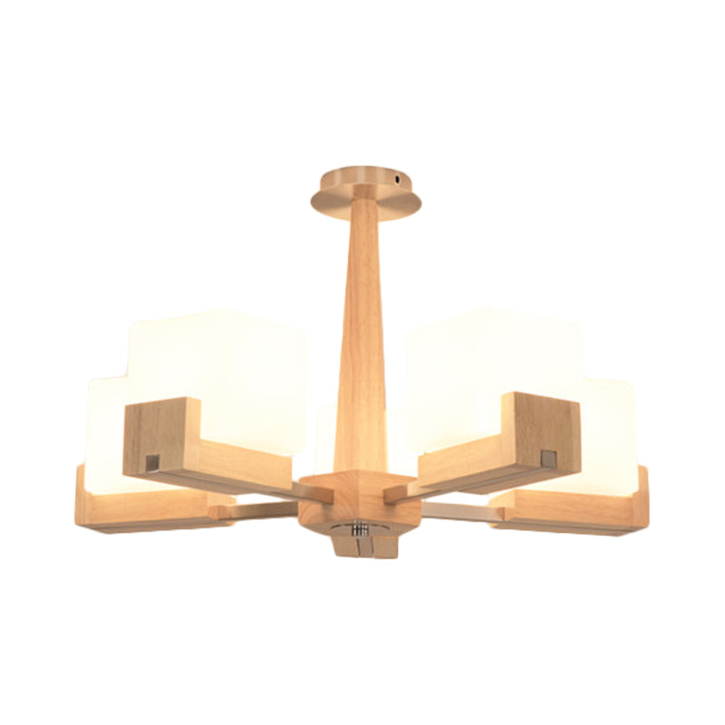 Modern Wood Radial Semi Flush Ceiling Lamp with White Glass Shade - 3/5/8 Lights, Beige Fixture