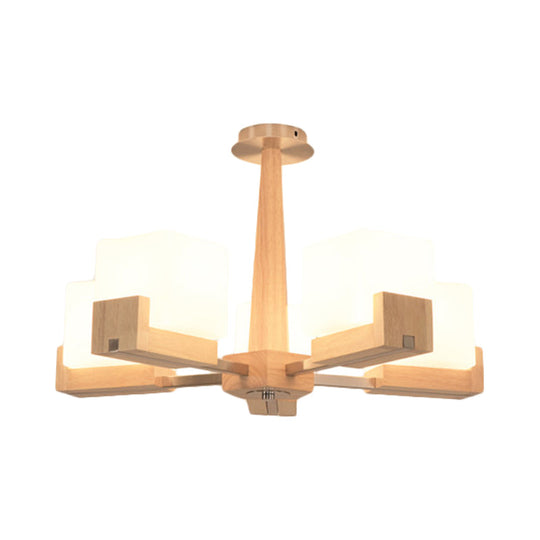 Modern Wood Radial Semi Flush Ceiling Lamp With White Glass Shade - 3/5/8 Lights Beige Fixture