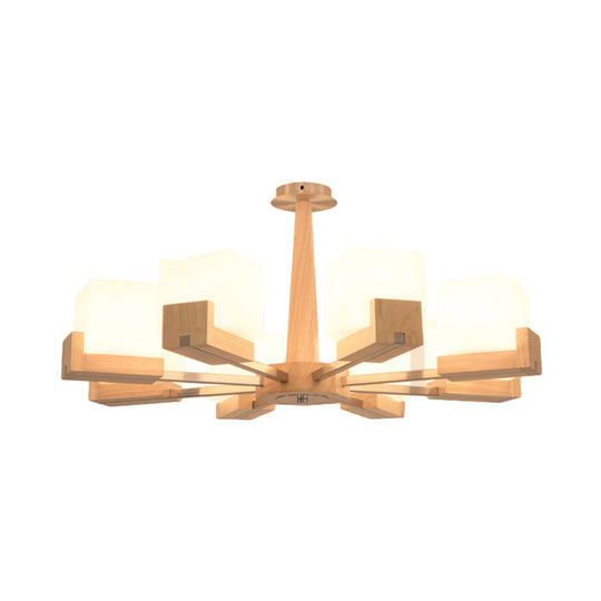 Modern Wood Radial Semi Flush Ceiling Lamp with White Glass Shade - 3/5/8 Lights, Beige Fixture