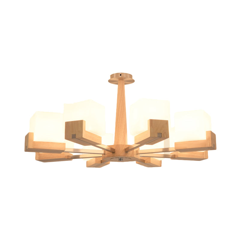 Modern Wood Radial Semi Flush Ceiling Lamp With White Glass Shade - 3/5/8 Lights Beige Fixture