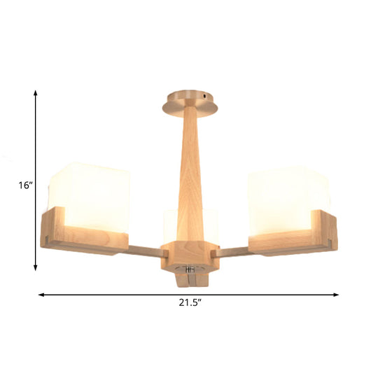 Modern Wood Radial Semi Flush Ceiling Lamp With White Glass Shade - 3/5/8 Lights Beige Fixture