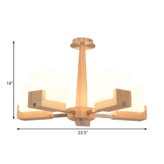 Modern Wood Radial Semi Flush Ceiling Lamp With White Glass Shade - 3/5/8 Lights Beige Fixture