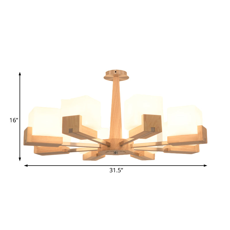 Modern Wood Radial Semi Flush Ceiling Lamp with White Glass Shade - 3/5/8 Lights, Beige Fixture