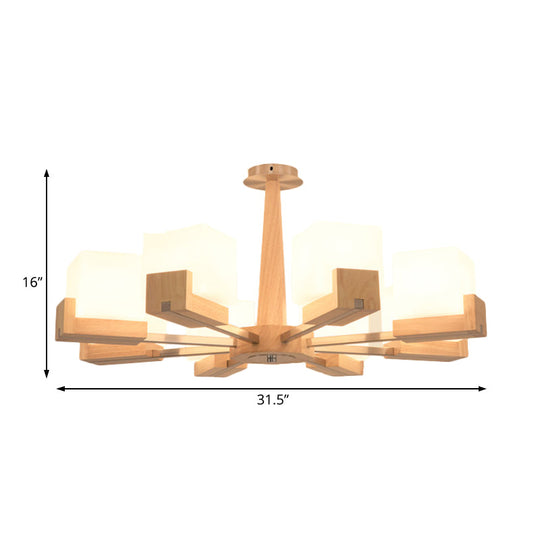 Modern Wood Radial Semi Flush Ceiling Lamp With White Glass Shade - 3/5/8 Lights Beige Fixture