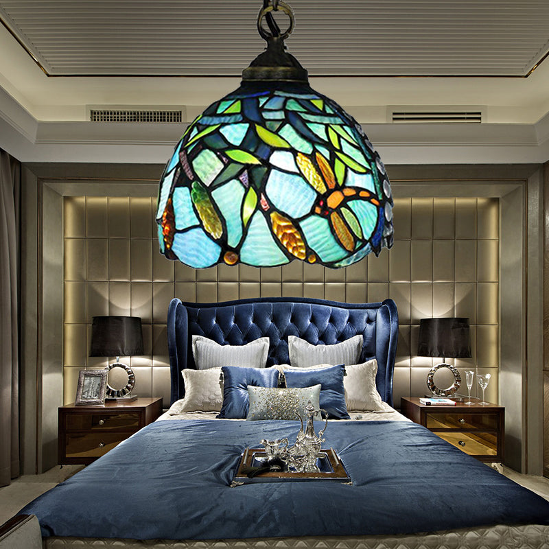 Aqua Hand-Cut Glass Dragonfly Pendant Light - Mediterranean Domed Hanging Lamp