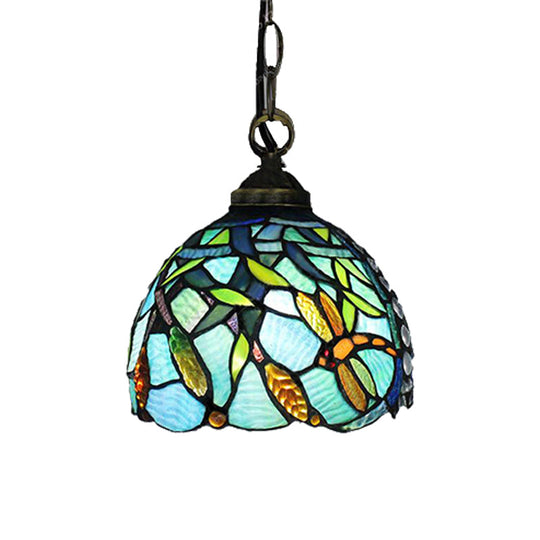 Aqua Hand Cut Glass Domed Hanging Lamp with Dragonfly Pattern - Mediterranean Pendant Light